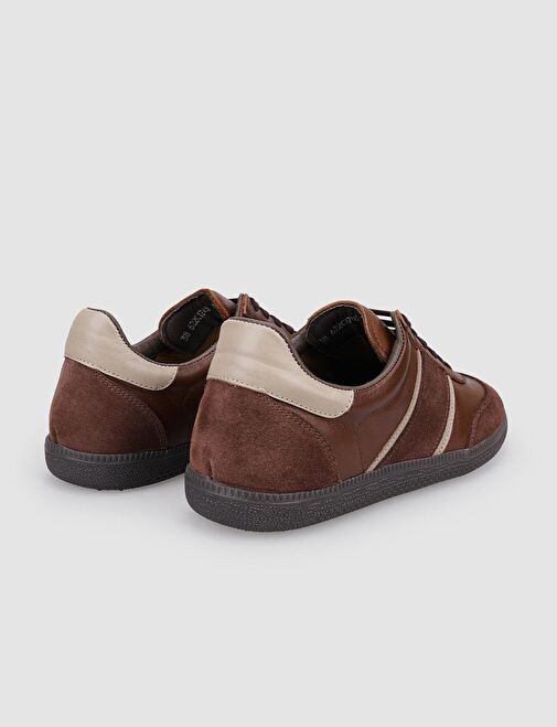 %100 Hakiki Deri Kahverengi Bağcıklı Kadın Sneaker - Görsel 4