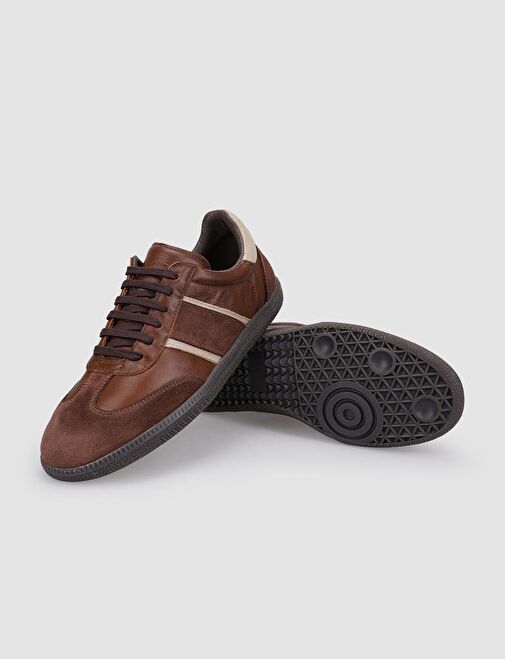 %100 Hakiki Deri Kahverengi Bağcıklı Kadın Sneaker - Görsel 5