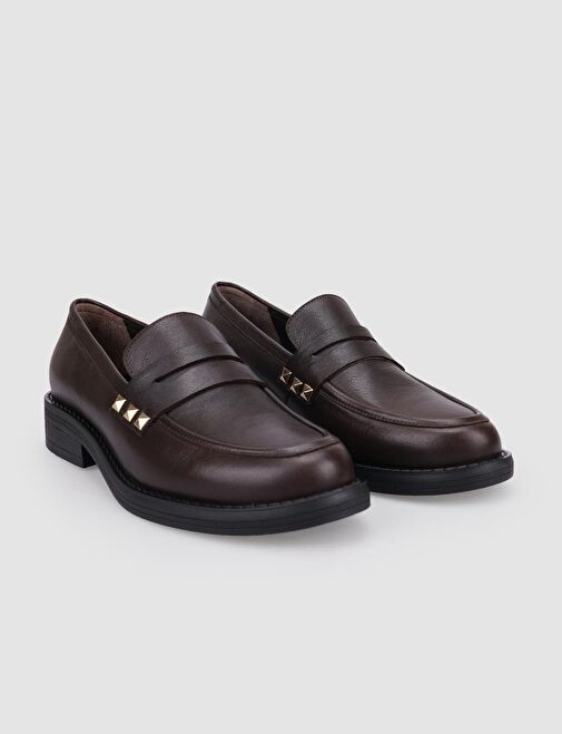 %100 Hakiki Deri Kahverengi Zımba Detaylı Kadın Loafer - Görsel 3