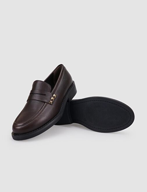 %100 Hakiki Deri Kahverengi Zımba Detaylı Kadın Loafer - Görsel 5