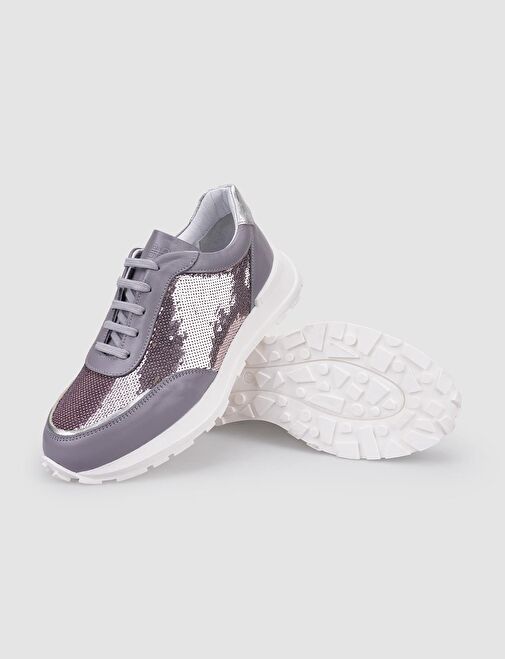 %100 Hakiki Deri Gri Bağcıklı Pul Detaylı Kadın Spor Ayakkabı - Görsel 5