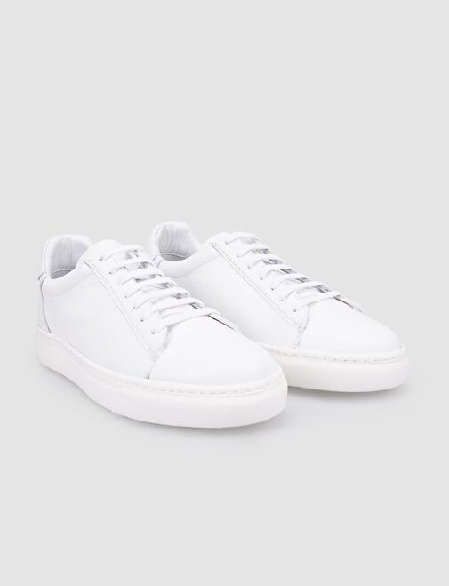 %100 Hakiki Deri Beyaz Bağcıklı Erkek Spor Ayakkabı - Görsel 3