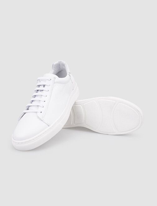 %100 Hakiki Deri Beyaz Bağcıklı Erkek Spor Ayakkabı - Görsel 5