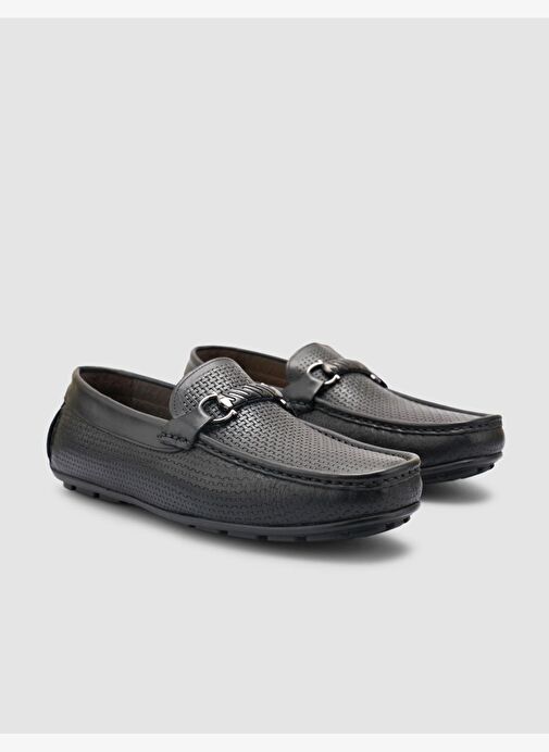 %100 Hakiki Deri Siyah Tokalı Erkek Loafer - Görsel 3