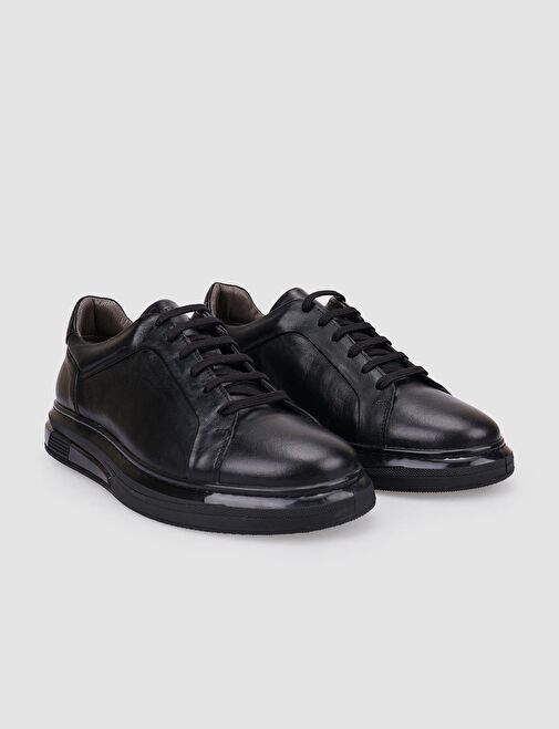 %100 Hakiki Deri Siyah Bağcıklı Erkek Spor Ayakkabı - Görsel 3