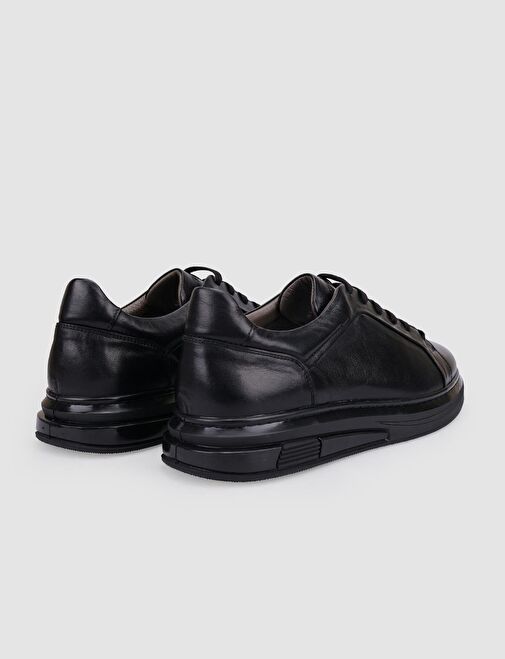 %100 Hakiki Deri Siyah Bağcıklı Erkek Spor Ayakkabı - Görsel 4