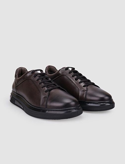 %100 Hakiki Deri Kahverengi Bağcıklı Erkek Spor Ayakkabı - Görsel 3