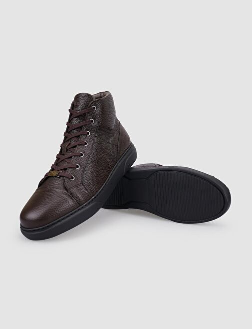 %100 Hakiki Deri Kahverengi Kürklü Fermuarlı Bağcıklı Erkek Bot - Görsel 5