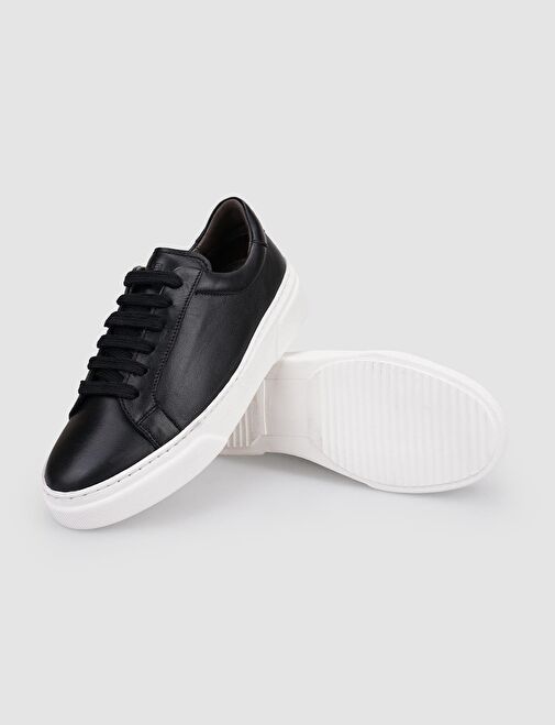 %100 Hakiki Deri Siyah Bağcıklı Kadın Spor Ayakkabı - Görsel 5