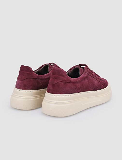 %100 Hakiki Deri Bordo Süet Bağcıklı Kadın Spor Ayakkabı - Görsel 4