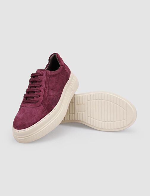 %100 Hakiki Deri Bordo Süet Bağcıklı Kadın Spor Ayakkabı - Görsel 5