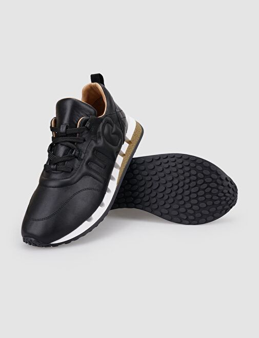 %100 Hakiki Deri Siyah Bağcıklı Kadın Spor Ayakkabı - Görsel 5