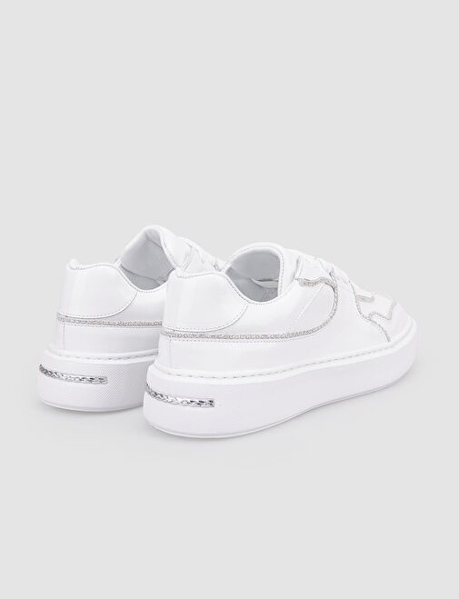 %100 Hakiki Deri Beyaz Rugan Bağcıklı Kadın Spor Ayakkabı - Görsel 4