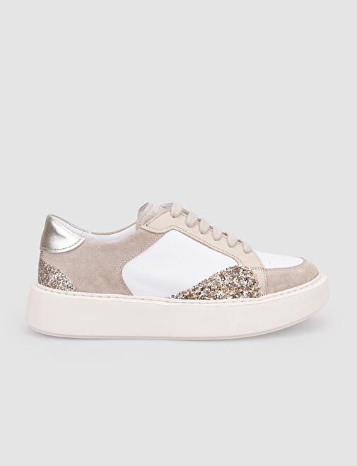 %100 Hakiki Deri Bej Sim Detaylı Bağcıklı Kadın Spor Ayakkabı - Görsel 2