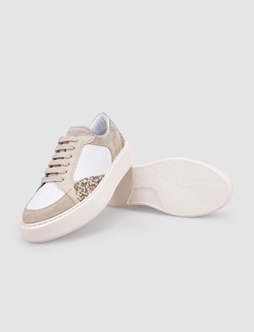 %100 Hakiki Deri Bej Sim Detaylı Bağcıklı Kadın Spor Ayakkabı - Görsel 5