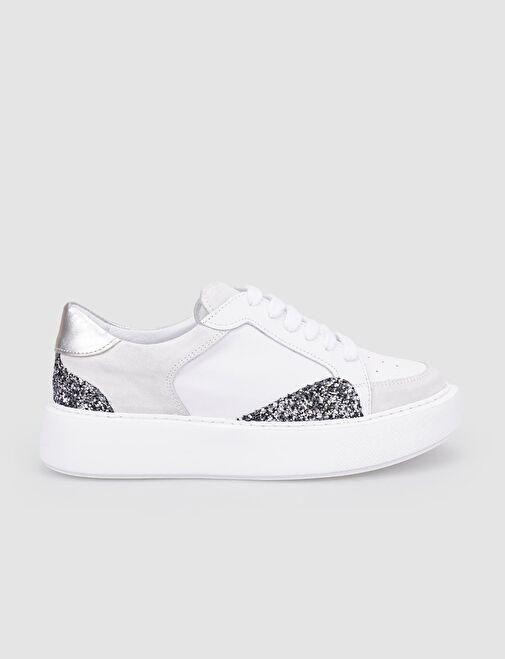 %100 Hakiki Deri Beyaz Pul Detaylı Bağcıklı Kadın Spor Ayakkabı - Görsel 2