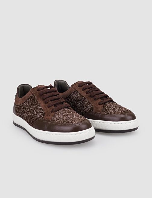 %100 Hakiki Deri Kahverengi Bağcıklı Kadın Sneaker - Görsel 3