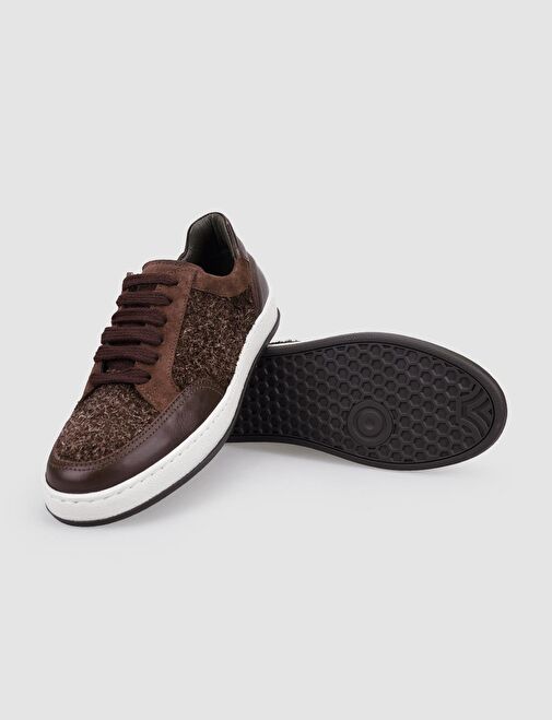 %100 Hakiki Deri Kahverengi Bağcıklı Kadın Sneaker - Görsel 5