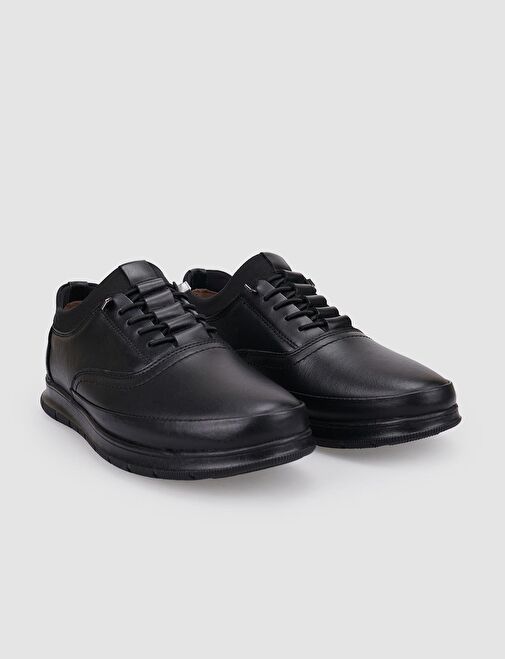 %100 Hakiki Deri Siyah Lastik Bağcıklı Erkek Günlük Ayakkabı - Görsel 3