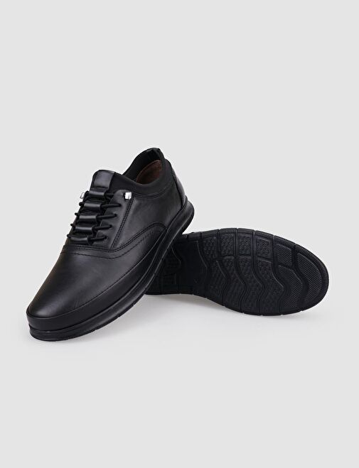 %100 Hakiki Deri Siyah Lastik Bağcıklı Erkek Günlük Ayakkabı - Görsel 5