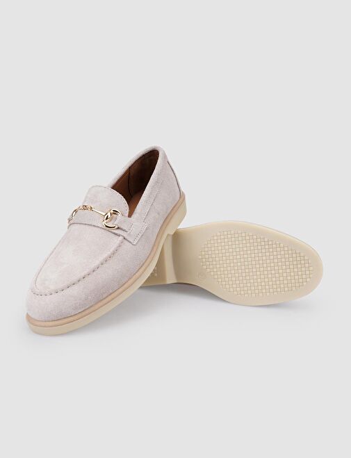 %100 Hakiki Deri Bej Süet Kadın Loafer - Görsel 5