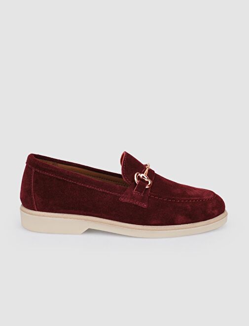 %100 Hakiki Deri Bordo Süet Kadın Loafer - Görsel 2