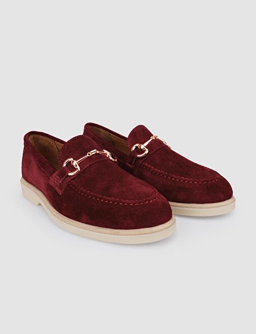 %100 Hakiki Deri Bordo Süet Kadın Loafer - Görsel 3