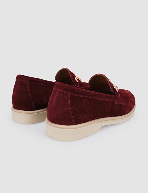 %100 Hakiki Deri Bordo Süet Kadın Loafer - Görsel 4