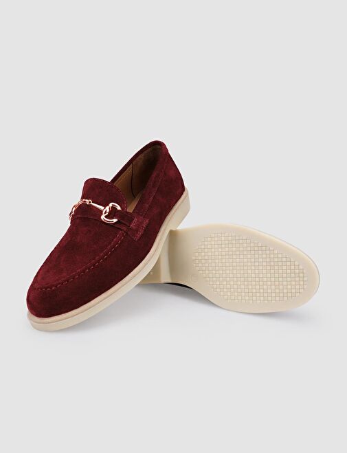 %100 Hakiki Deri Bordo Süet Kadın Loafer - Görsel 5