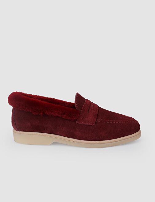 %100 Hakiki Deri Bordo Süet Kürklü Kadın Loafer - Görsel 2
