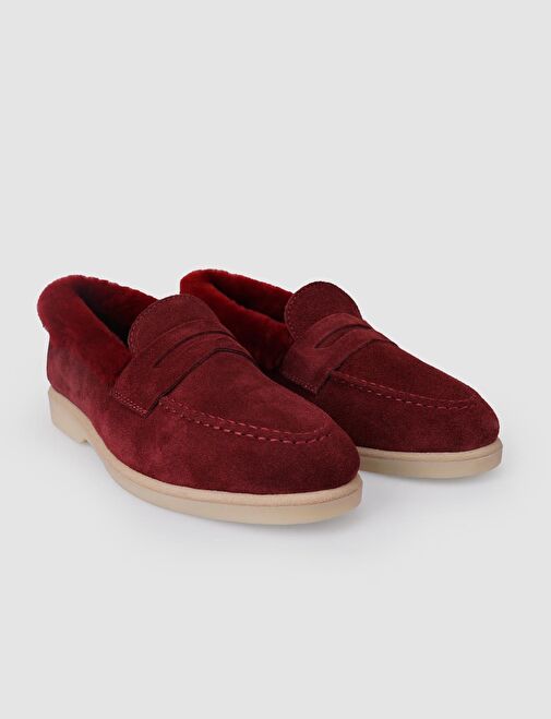 %100 Hakiki Deri Bordo Süet Kürklü Kadın Loafer - Görsel 3