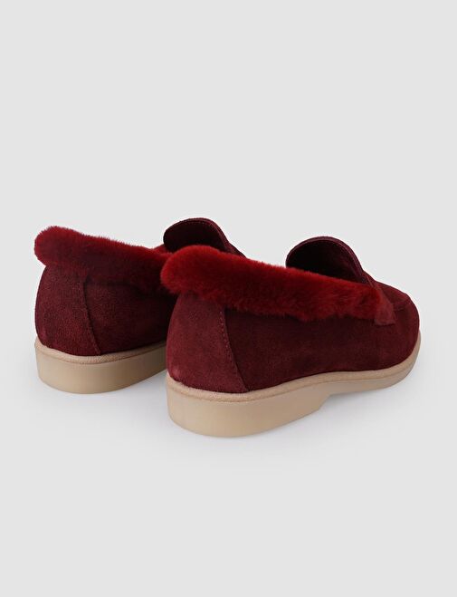 %100 Hakiki Deri Bordo Süet Kürklü Kadın Loafer - Görsel 4