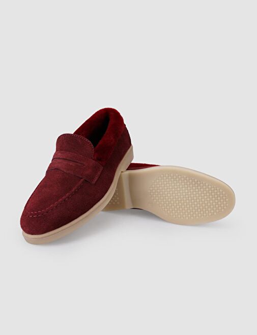 %100 Hakiki Deri Bordo Süet Kürklü Kadın Loafer - Görsel 5