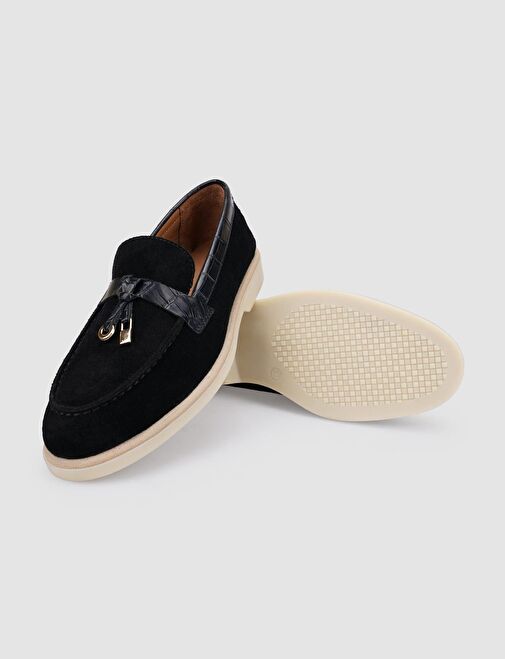 %100 Hakiki Deri Siyah Süet Kadın Loafer - Görsel 5