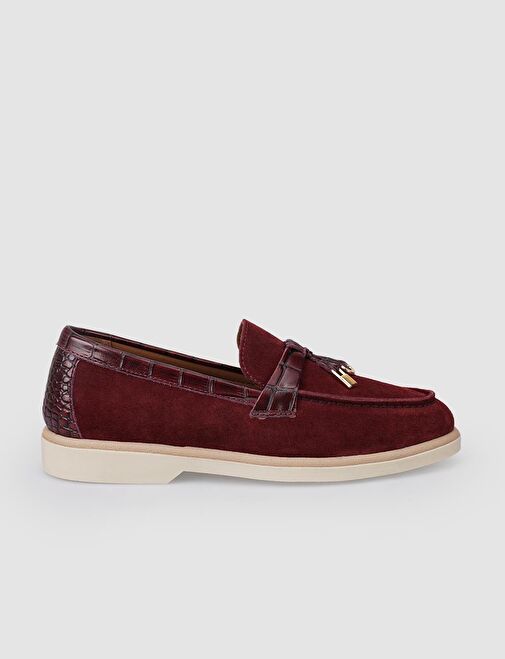 %100 Hakiki Deri Bordo Süet Kadın Loafer - Görsel 2