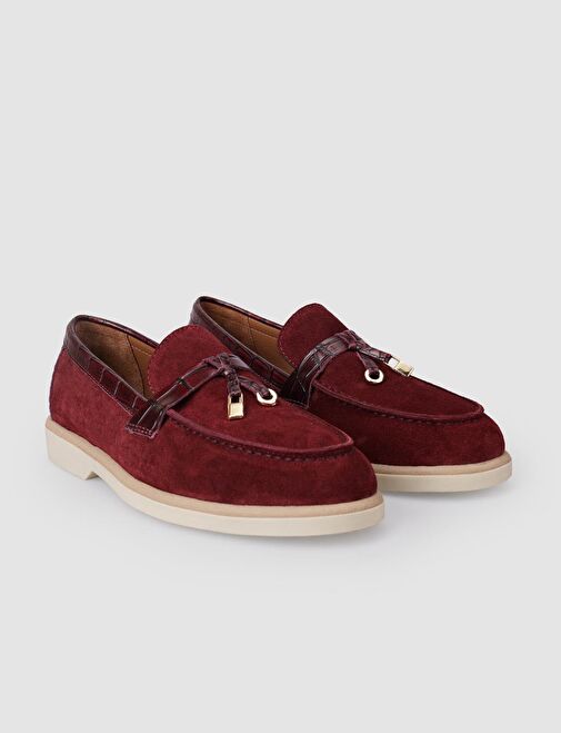 %100 Hakiki Deri Bordo Süet Kadın Loafer - Görsel 3