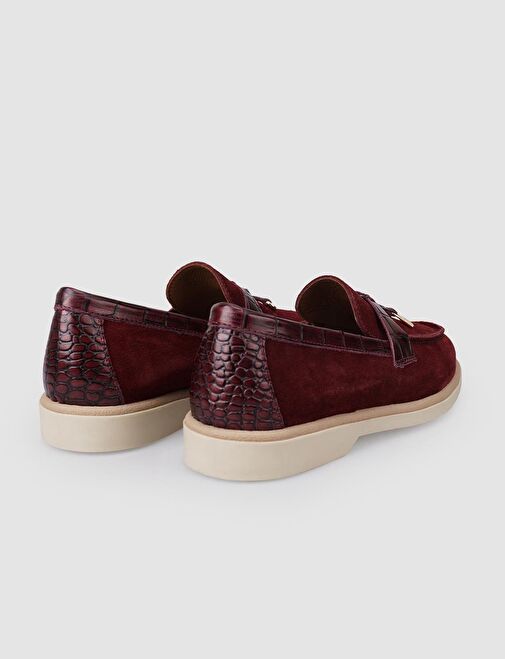 %100 Hakiki Deri Bordo Süet Kadın Loafer - Görsel 4