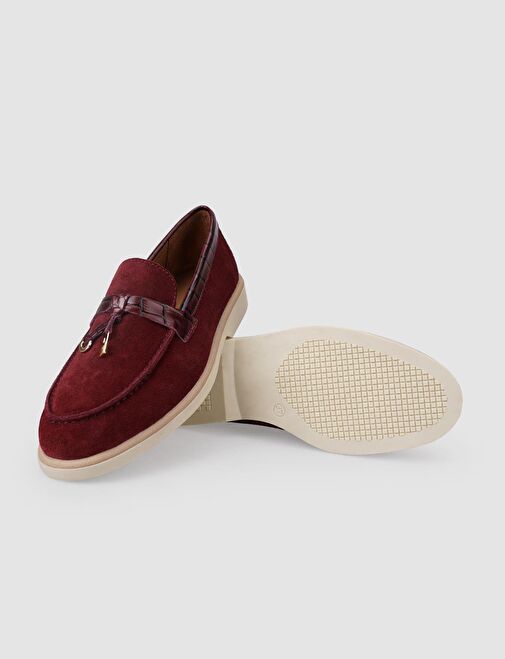 %100 Hakiki Deri Bordo Süet Kadın Loafer - Görsel 5