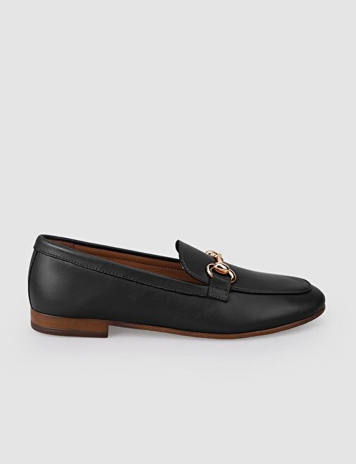 %100 Hakiki Deri Siyah Tokalı Kadın Loafer - Görsel 2