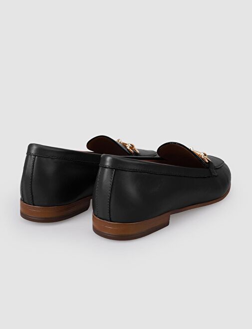 %100 Hakiki Deri Siyah Tokalı Kadın Loafer - Görsel 4