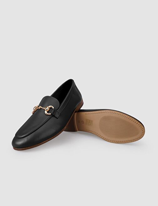 %100 Hakiki Deri Siyah Tokalı Kadın Loafer - Görsel 5