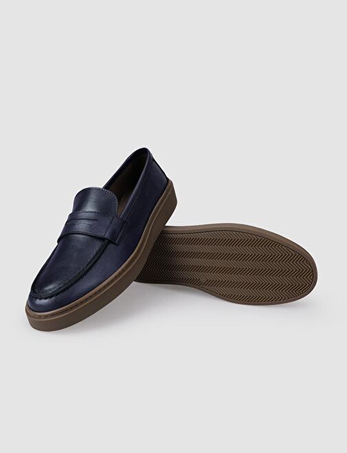 %100 Hakiki Deri Lacivert Erkek Günlük Ayakkabı - Görsel 5