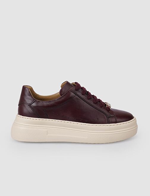 %100 Hakiki Deri Bordo Bağcıklı Kadın Sneaker - Görsel 2