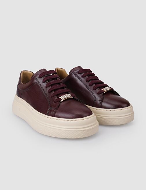 %100 Hakiki Deri Bordo Bağcıklı Kadın Sneaker - Görsel 3
