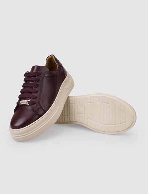 %100 Hakiki Deri Bordo Bağcıklı Kadın Sneaker - Görsel 5