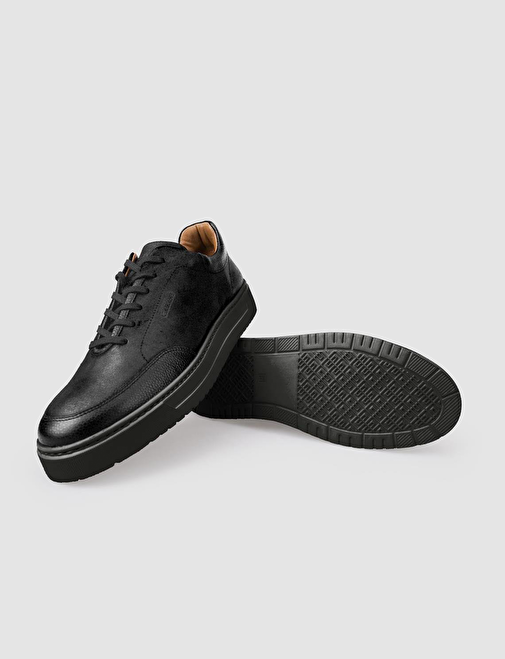 %100 Hakiki Deri Siyah Bağcıklı Erkek Spor Ayakkabı - Görsel 4