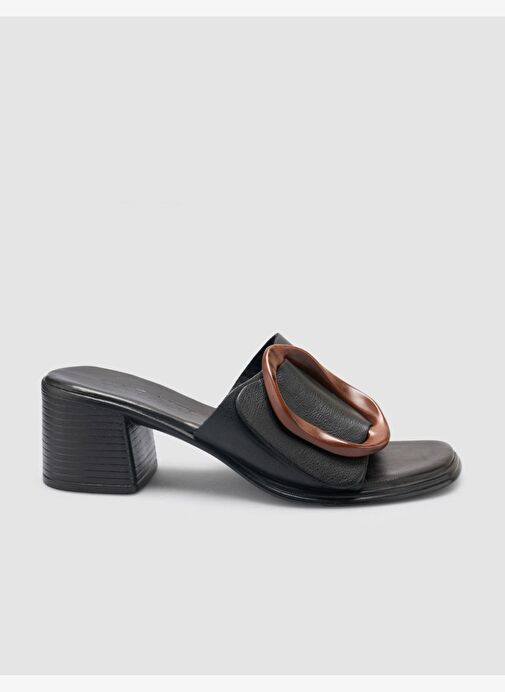 %100 Hakiki Deri Toka Detaylı Siyah Kadın Terlik - Görsel 2