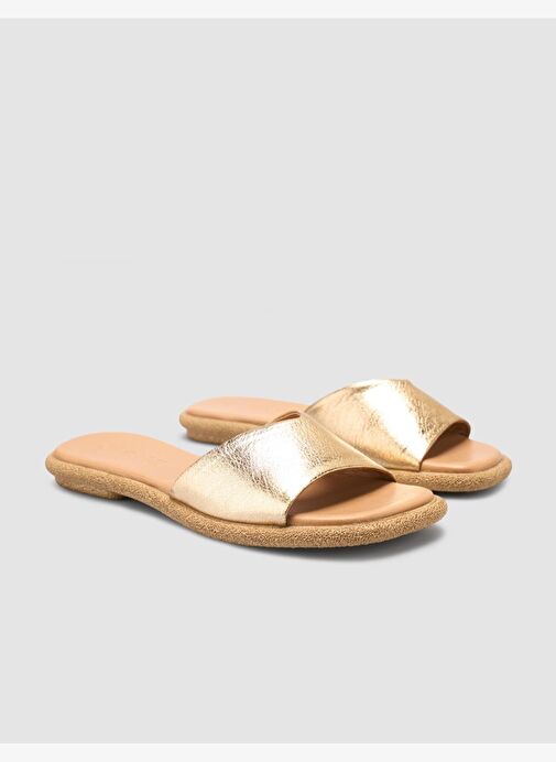 %100 Hakiki Deri Altın Rengi Kadın Terlik - Görsel 3