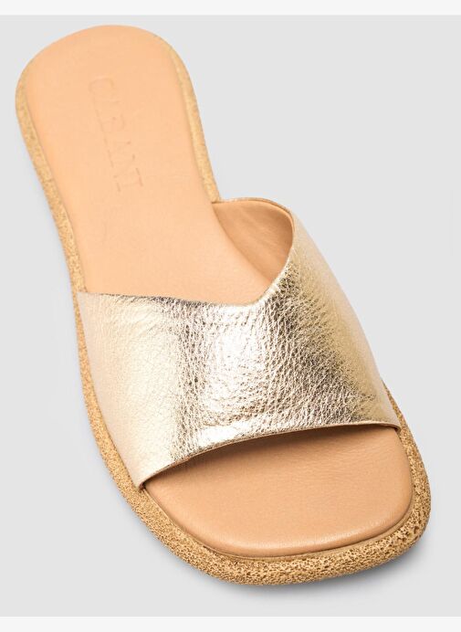 %100 Hakiki Deri Altın Rengi Kadın Terlik - Görsel 7