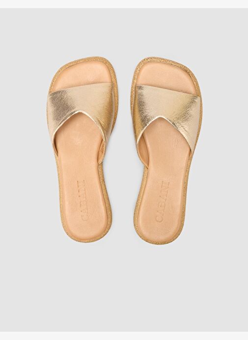 %100 Hakiki Deri Altın Rengi Kadın Terlik - Görsel 5